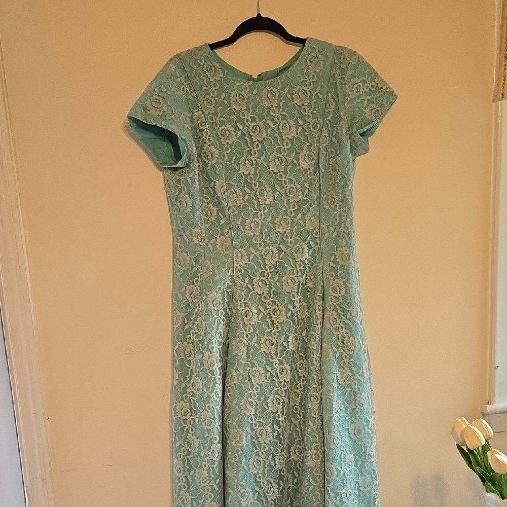 Vintage Emma Domb Lace Maxi Dress in Aqua Sz 18